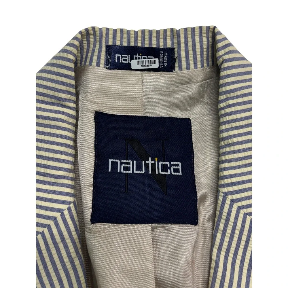 Nautica 40L 34x34 Blue White Stripe Seersucker 2pc Pant Suit Cotton Pleated Cuff